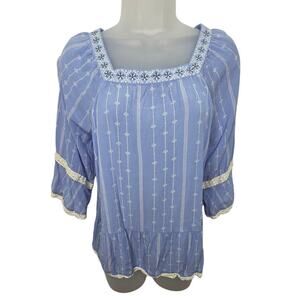 435 Matilda Jane Blue 3/4 Sleeve Boho Embroidery Striped Casual Cottage Core Top